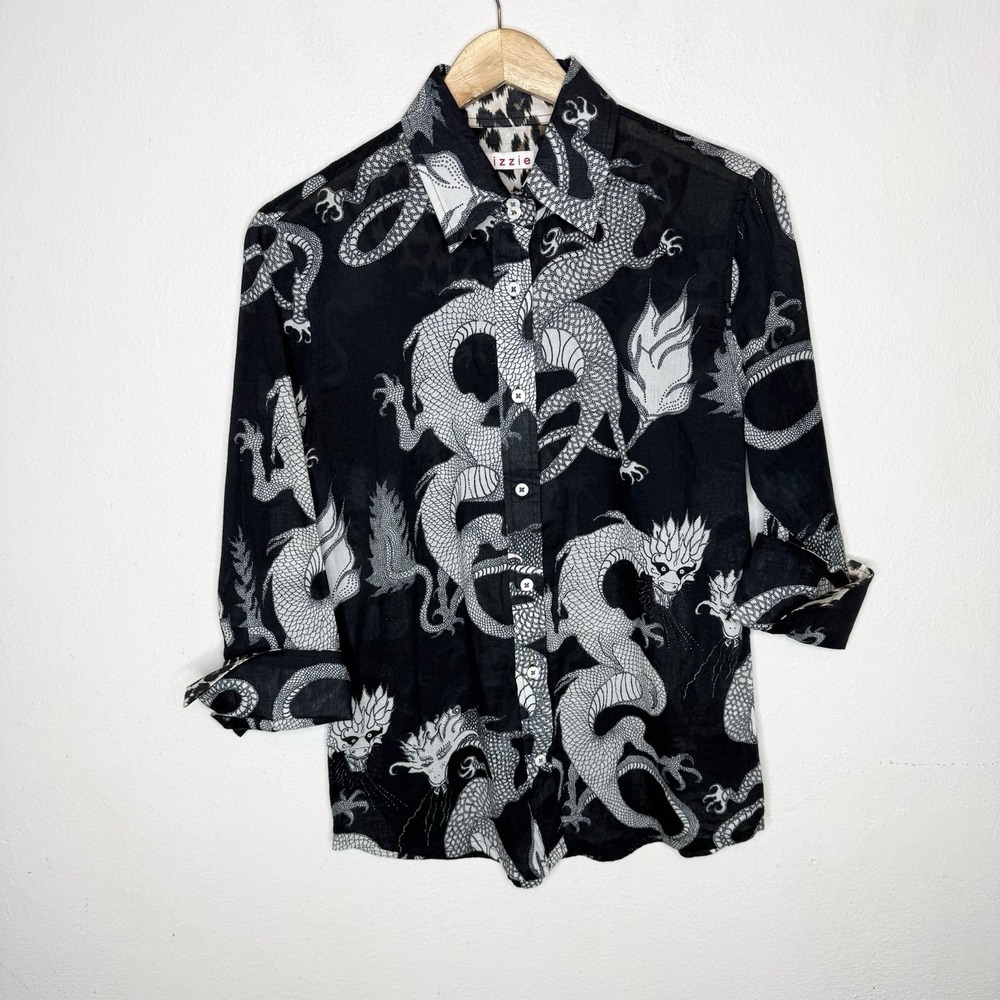 Tizzie Black White Cotton Dragon Button Up Shirt Top Women's Small